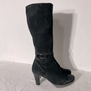 Vintage C La Canadienne Black Suede Round Toe Chunky Heel Knee High Boots 10
